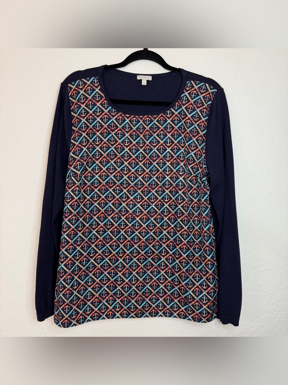 Talbots Women's Large Nautical Anchors Navy Pullover Crew Neck Long Sleeve Shirt